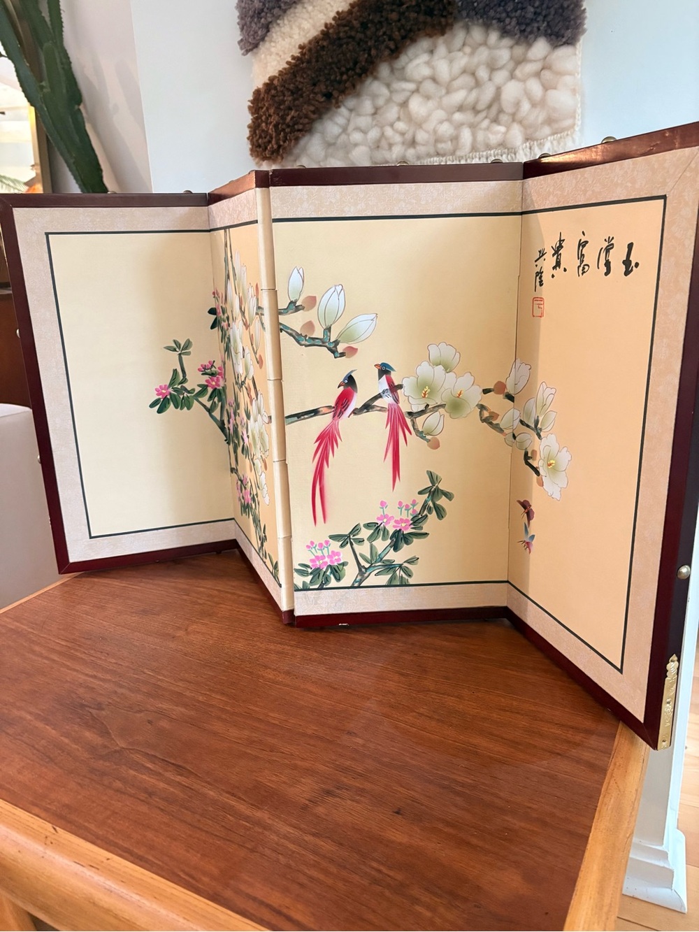 Vintage Decorative Folding Screen Panel with Pink Accent Birds - Brand
